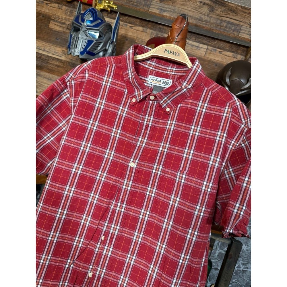 Urban Pipeline Short Sleeve Button Front Red/White/Blue Plaid Button-Down Shirt